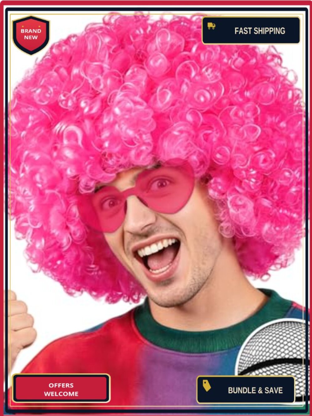 Curly Afro Wig & Heart Sunglasses Set Disco Cosplay Costume